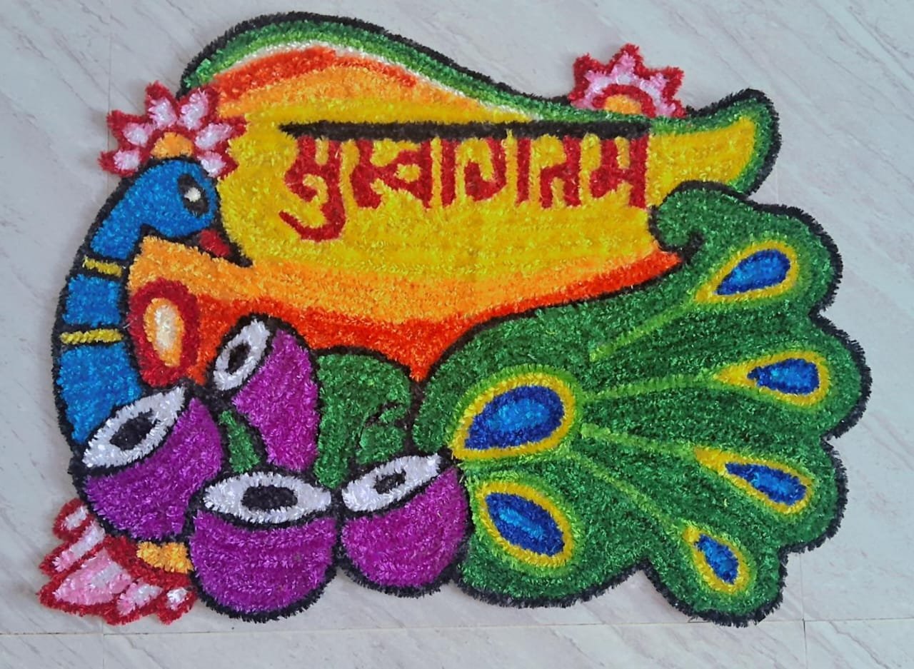 Welcome Peacock Rangoli Mat, 28.5 x 21.5